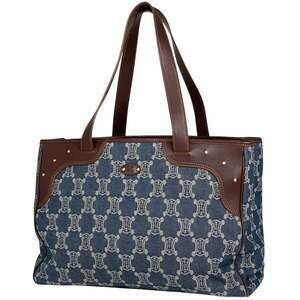 Celine Paris Macadam Tote Bag Shoulder Denim Blue Brown Women's